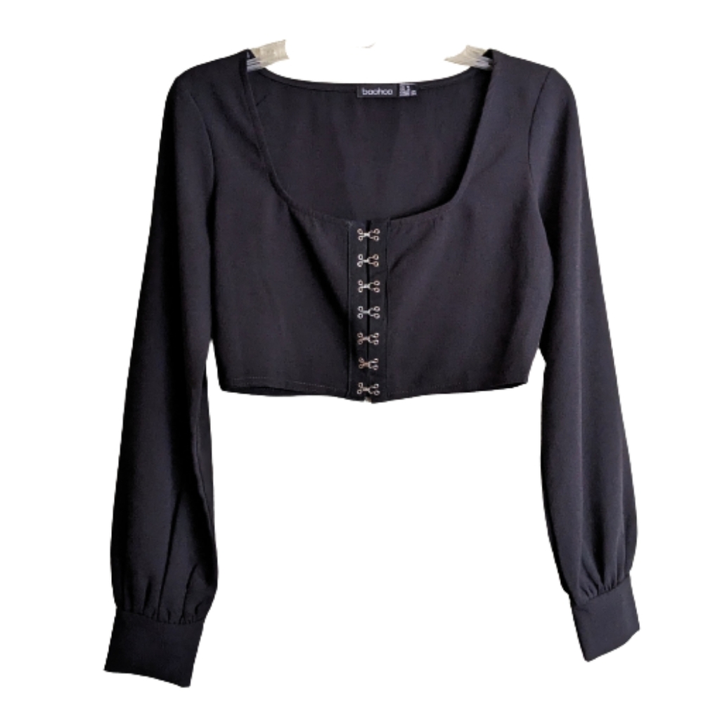 Boohoo Blouse Top Black Hook & Eye Cropped Corset Bishop Sleeves